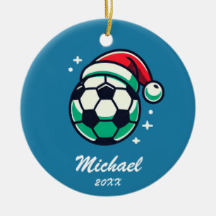 Ornamento De Cerâmica Bola Personalizada de Futebol de Natal com Santa H