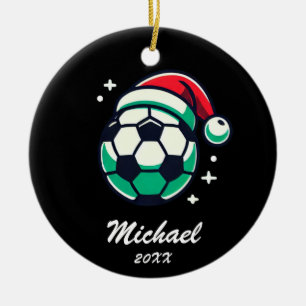 Ornamento De Cerâmica Bola Personalizada de Futebol de Natal com Santa H