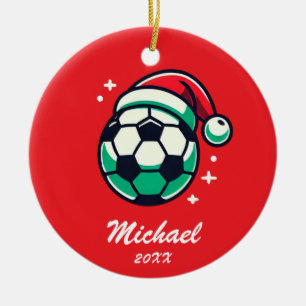 Ornamento De Cerâmica Bola Personalizada de Futebol de Natal com Santa H