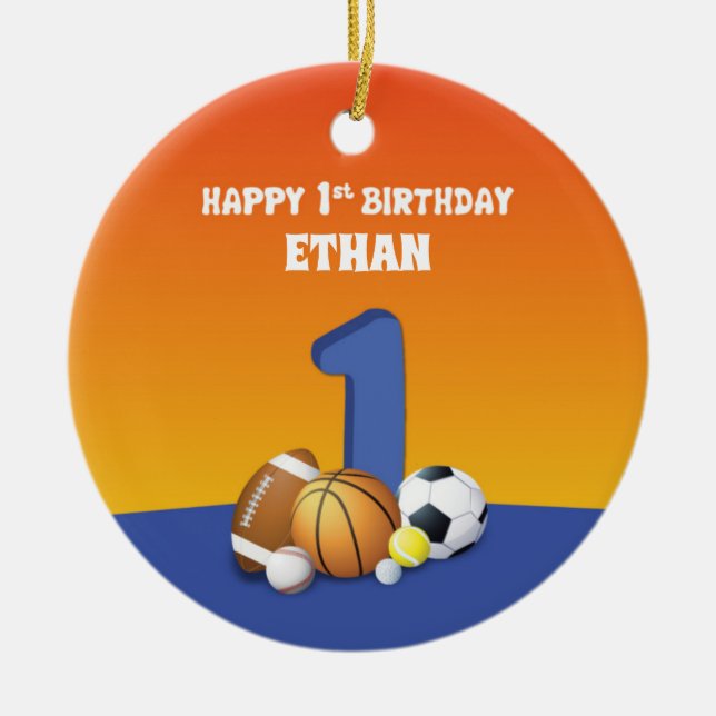 Ornamento De Cerâmica Bolas de Esportes de Menino de Nome Personalizado (Frente)