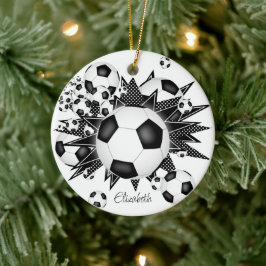 Ornamento De Cerâmica bolas de futebol estrelas brancas pretas esportes