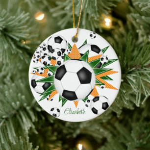Ornamento De Cerâmica bolas de futebol estrelas verdes laranja esportes