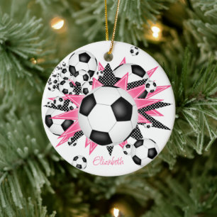 Ornamento De Cerâmica bolas de futebol w estrelas pretas cor-de-rosa gar