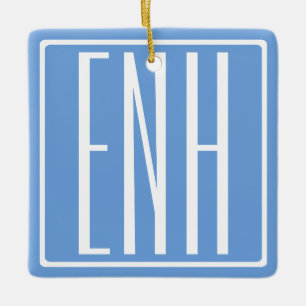 Ornamento De Cerâmica Bold Modern 3 Iniciais Monograma   Azul macio