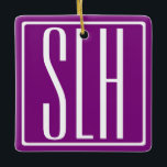 Ornamento De Cerâmica Bold Modern 3 Iniciais Monograma | Branco e Roxo<br><div class="desc">Texto branco e quadro branco em roxo (cor de fundo alterável).</div>