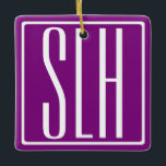 Ornamento De Cerâmica Bold Modern 3 Iniciais Monograma | Branco e Roxo<br><div class="desc">Texto branco e quadro branco em roxo (cor de fundo alterável).</div>