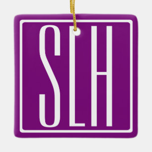 Ornamento De Cerâmica Bold Modern 3 Iniciais Monograma   Branco e Roxo