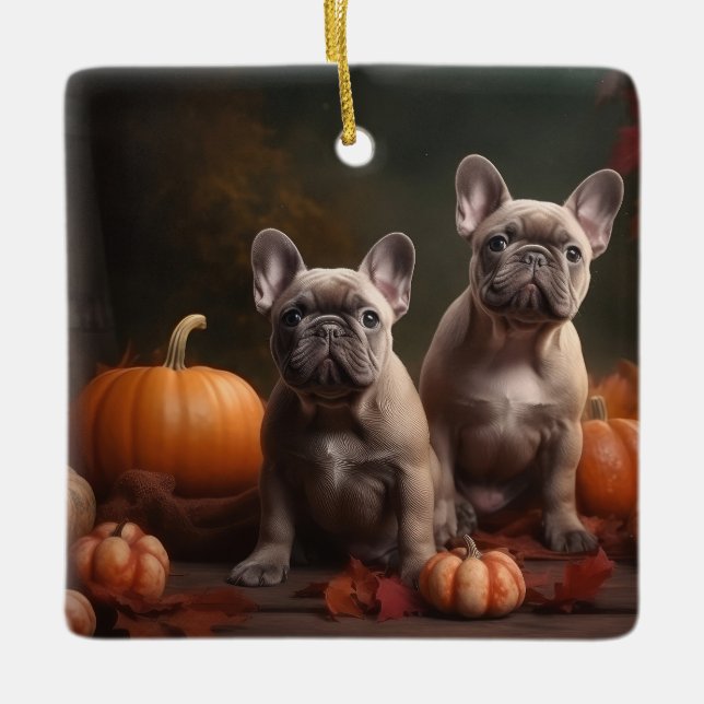 Ornamento De Cerâmica Boliche Francês Puppy Autumn Delight Pumpkin (Frente)