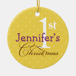 Ornamento De Cerâmica Bolinhas amarelas nome púrpura bebê primeiro feria