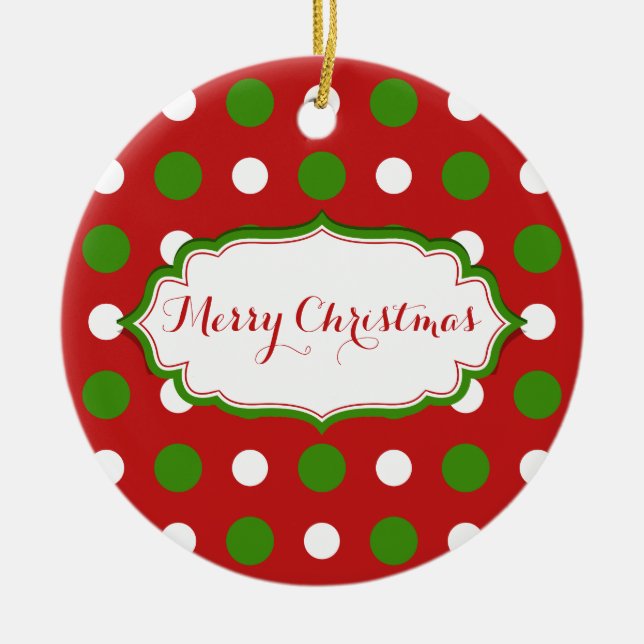 Ornamento De Cerâmica Bolinhas brancas e verdes de Natal divertidas em v (Frente)