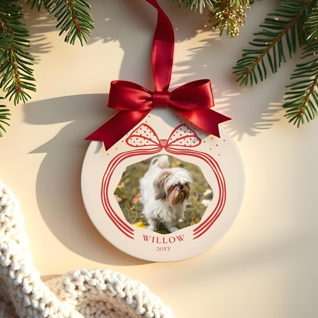 Ornamento De Cerâmica Bolinhas Elegante, Arco de Natal (Elegant Polka Dot Christmas Bow Photo Keepsake Ceramic Ornament)