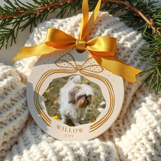 Ornamento De Cerâmica Bolinhas Elegante, Arco de Natal (Elegant Polka Dot Christmas Bow Photo Keepsake Ceramic Ornament)