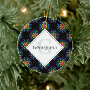 Ornamento De Cerâmica Bolinhas Floral Personalizada do Arco-Íris Mandala
