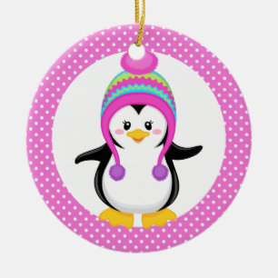 Ornamento De Cerâmica Bolinhas rosa Menina de Pinguim