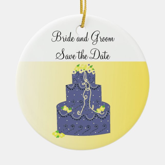 Ornamento De Cerâmica Bolo Azul e Amarelo Salvar a Data (Frente)
