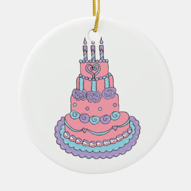 Ornamento De Cerâmica Bolo de aniversário cor-de-rosa bonito (Frente)