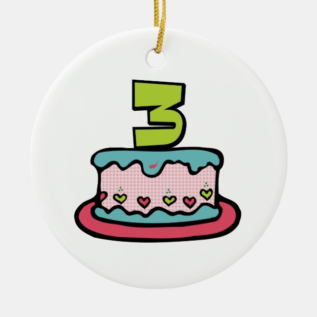 Ornamento De Cerâmica Bolo de aniversário de 3 anos (Frente)