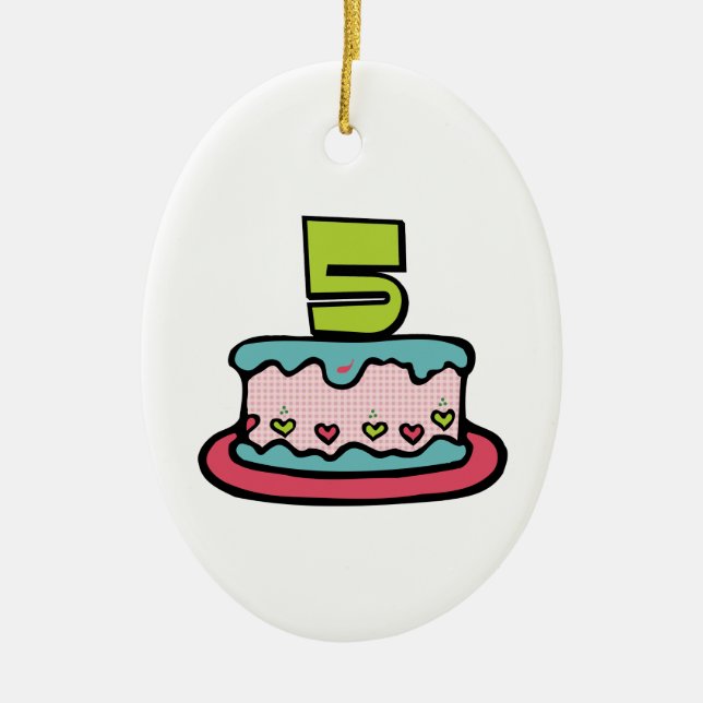 Ornamento De Cerâmica Bolo de aniversário de 5 anos (Frente)