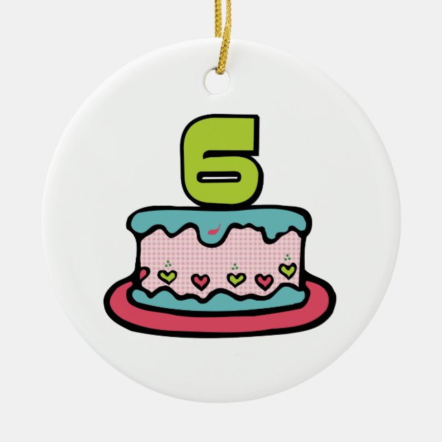 Ornamento De Cerâmica Bolo de aniversário de 6 anos (Frente)