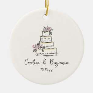Ornamento De Cerâmica Bolo de Casamento com Desenho à Mão de Creme Bege 
