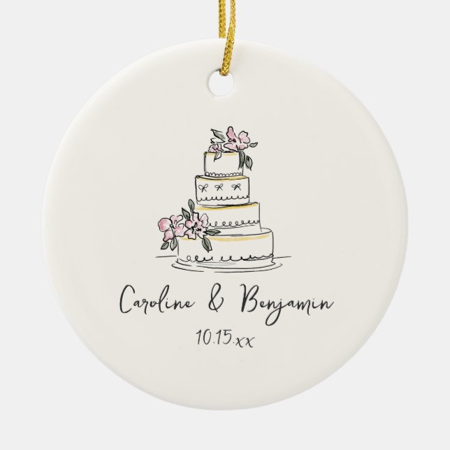 Ornamento De Cerâmica Bolo de Casamento com Doodle de Creme Rosa Escrito (Frente)