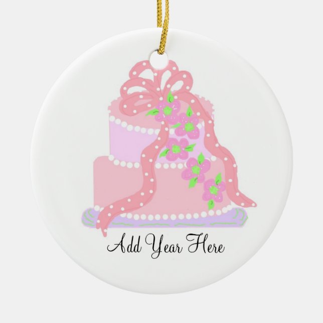 Ornamento De Cerâmica Bolo de Casamento com Laço Rosa (Frente)