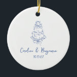 Ornamento De Cerâmica Bolo de Casamento de Portas Azuis Francês, Manuscr<br><div class="desc">Adicione um toque de charme de vintage ao seu casamento com este ornamento cerâmico personalizado com um rabisco azul francês branco de um bolo de casamento. Perfeito como um guardião ou favor, este ornamento captura a elegância do seu dia especial com um sentimento pessoal e escrito à mão. Personalize com...</div>