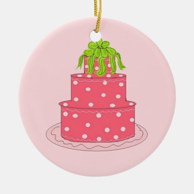 Ornamento De Cerâmica Bolo de Designer com Bolinhas Cor-de-Rosa (Frente)