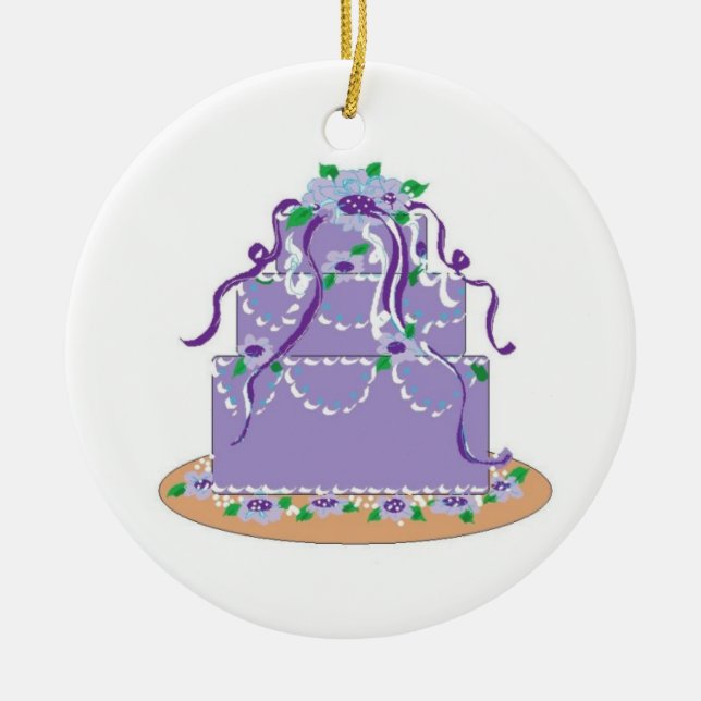 Ornamento De Cerâmica Bolo de Designer em Tons de Roxo (Frente)