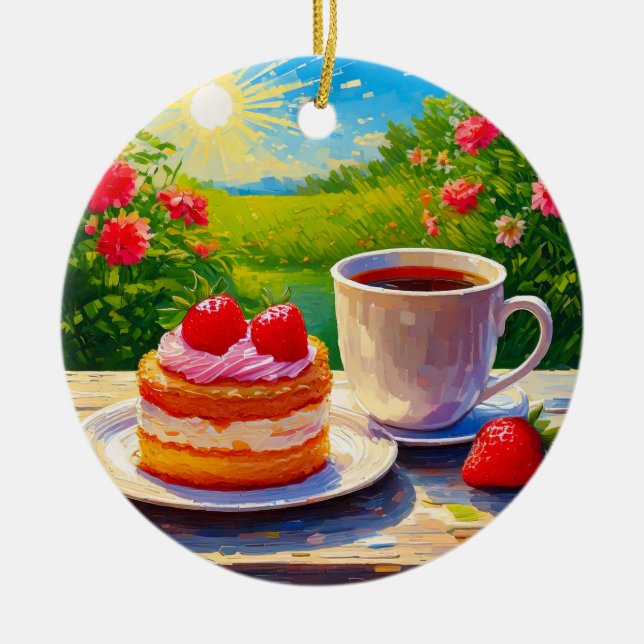 Ornamento De Cerâmica Bolo de morango e café (Frente)