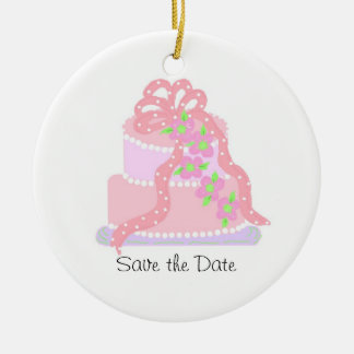 Ornamento De Cerâmica Bolo Elegante com Fita Rosa - Save the Date
