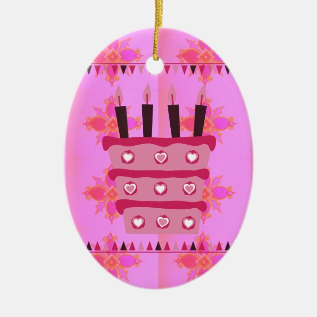 Ornamento De Cerâmica Bolo Floral de Aniversário para a Impressão de Art (Frente)