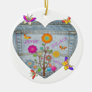 Ornamento De Cerâmica Bolsos de Jeans Coração Flores Borboletas