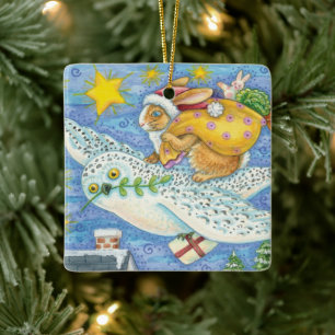 Ornamento De Cerâmica Bom Natal com Rabbit como Papai Noel na Coruja