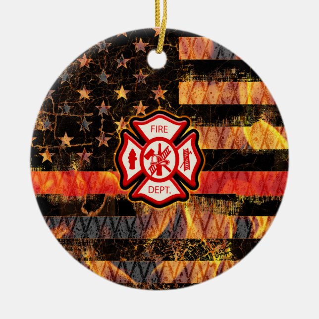 Ornamento De Cerâmica Bombeiro Cross e Flames (Frente)