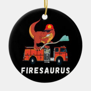 Ornamento De Cerâmica Bombeiro Dinossauro Funny Fireman Truck T Rex