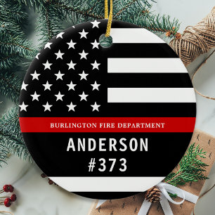 Ornamento De Cerâmica Bombeiro Personalizado Linha Vermelha fina