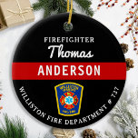 Ornamento De Cerâmica Bombeiro Personalizado Thin Red Fire Rescut<br><div class="desc">Linha Vermelha Magra Personalizada Maltês Cross Firefighter Ornament - moderno design preto vermelho e prateado. Personalize com os bombeiros, o nome do bombeiro ou o seu texto. Este ornamento personalizado de bombeiros é perfeito para os departamentos de bombeiros, serviço de bombeiros, ou como guardião memorial, presentes de natal ou refeitórios....</div>