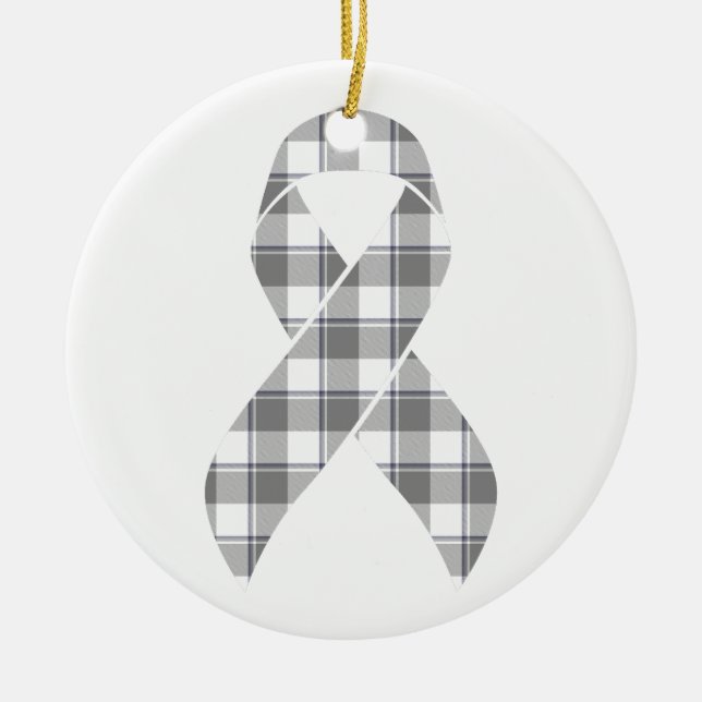 Ornamento De Cerâmica Bone Cancer Awareness Plaid Gray Ribbon (Frente)