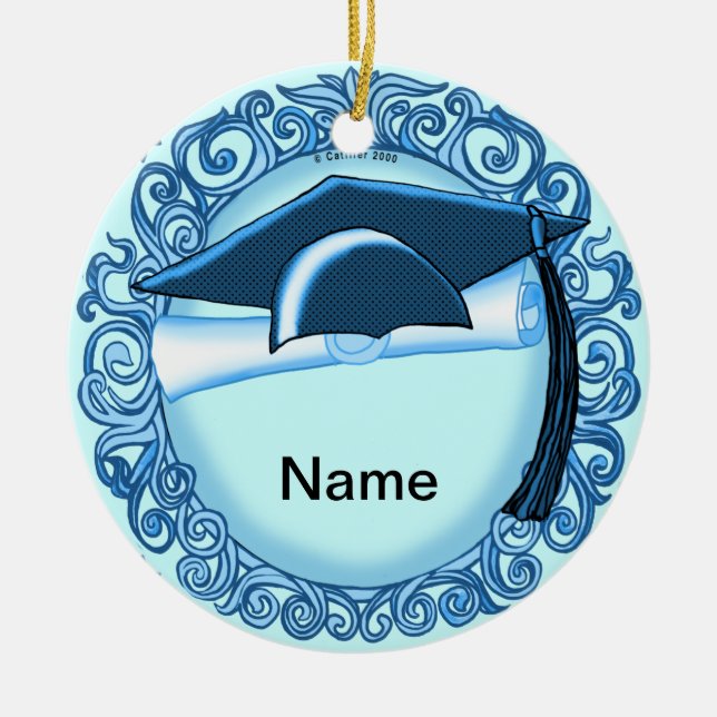 Ornamento De Cerâmica Boné de formatura azul (Frente)