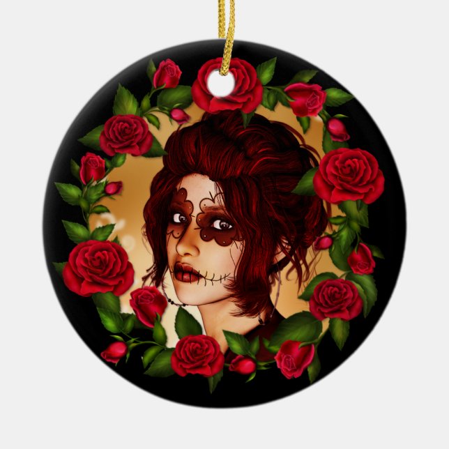 Ornamento De Cerâmica Boneca de Açúcar rosa vermelha (Frente)