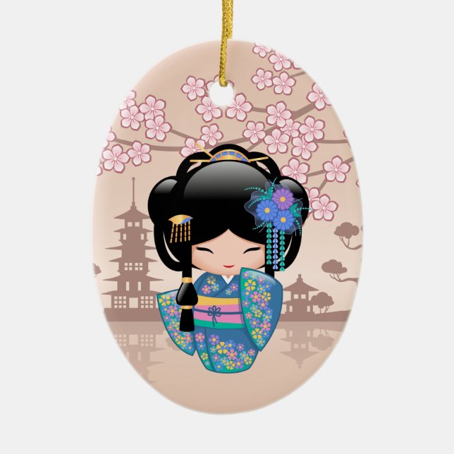Ornamento De Cerâmica Boneca Keiko Kokeshi - Rapariga Kimono Geisha Azul (Frente)