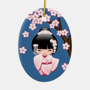 Ornamento De Cerâmica Boneca Kimono Kokeshi branca - Menina Gisha Bela A