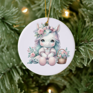 Ornamento De Cerâmica Boneca Pastel Kawaii Unicórnio com Cesto de Flores