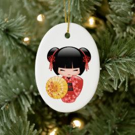 Ornamento De Cerâmica Boneca Red Sakura Kokeshi - Cute Geisha em Branco