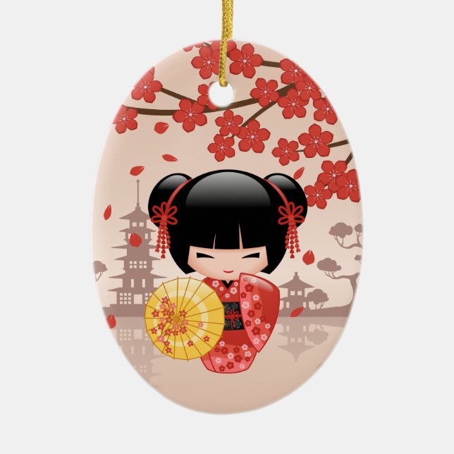 Ornamento De Cerâmica Boneca Red Sakura Kokeshi - Garota Geisha Japonesa (Frente)