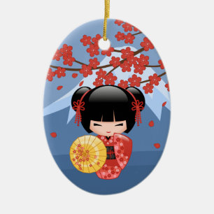 Ornamento De Cerâmica Boneca Red Sakura Kokeshi - Garota Gisha Bonita