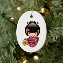 Ornamento De Cerâmica Boneca Sakura Kokeshi - Garota Gisha Bonita