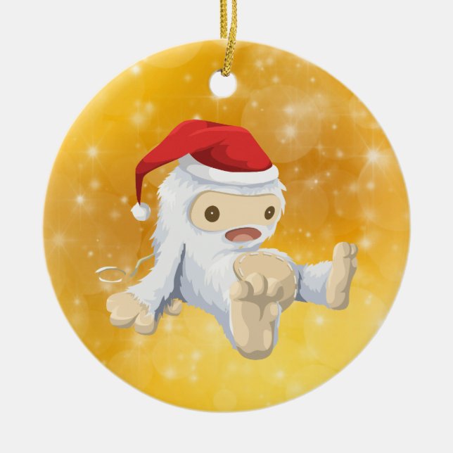Ornamento De Cerâmica Boneca Yeti de Natal com Dourado Fundo Bokeh (Frente)