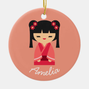 Ornamento De Cerâmica Bonecas japonesas cor-de-rosa Kokeshi